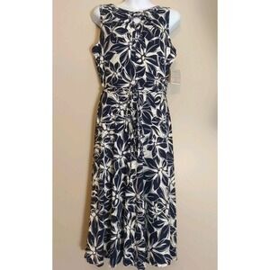 Danny And Nicole Women Ivory Navy Floral Neck Cutout‎ Sleeveless Dress Size 12